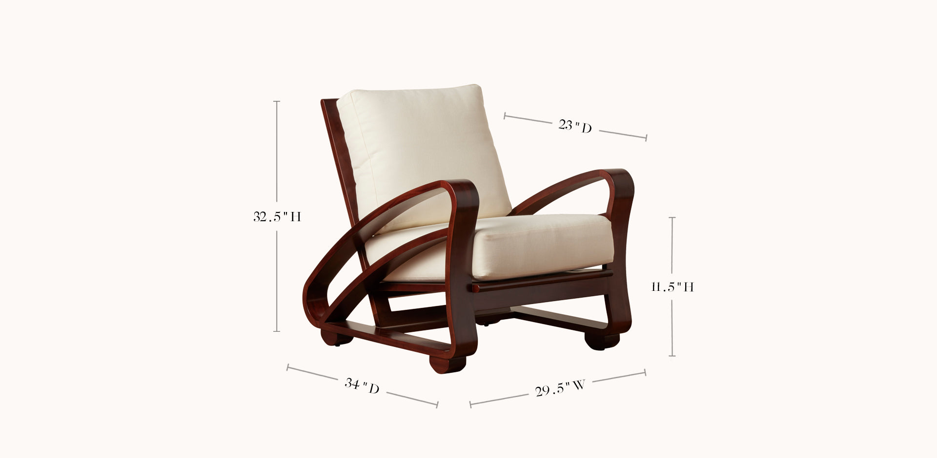 Wooden armchair with white cushion and dimensions labeled on a white background