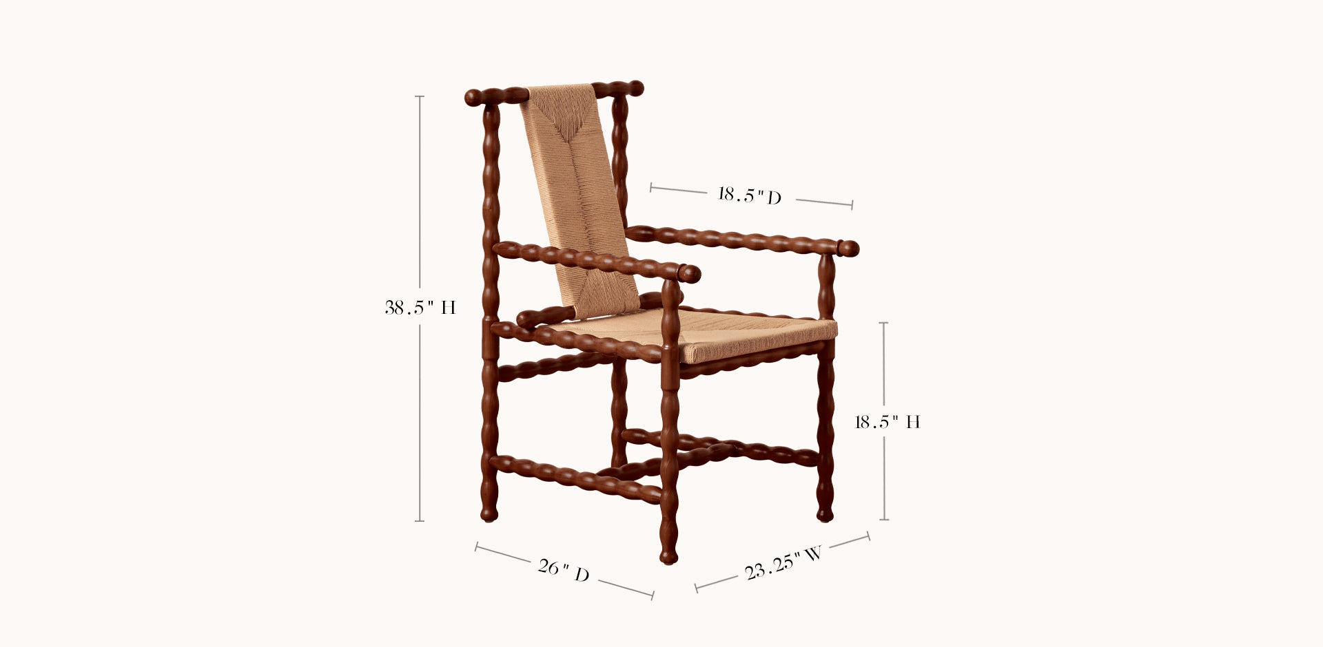 Wooden chair with dimensions labeled on a white background