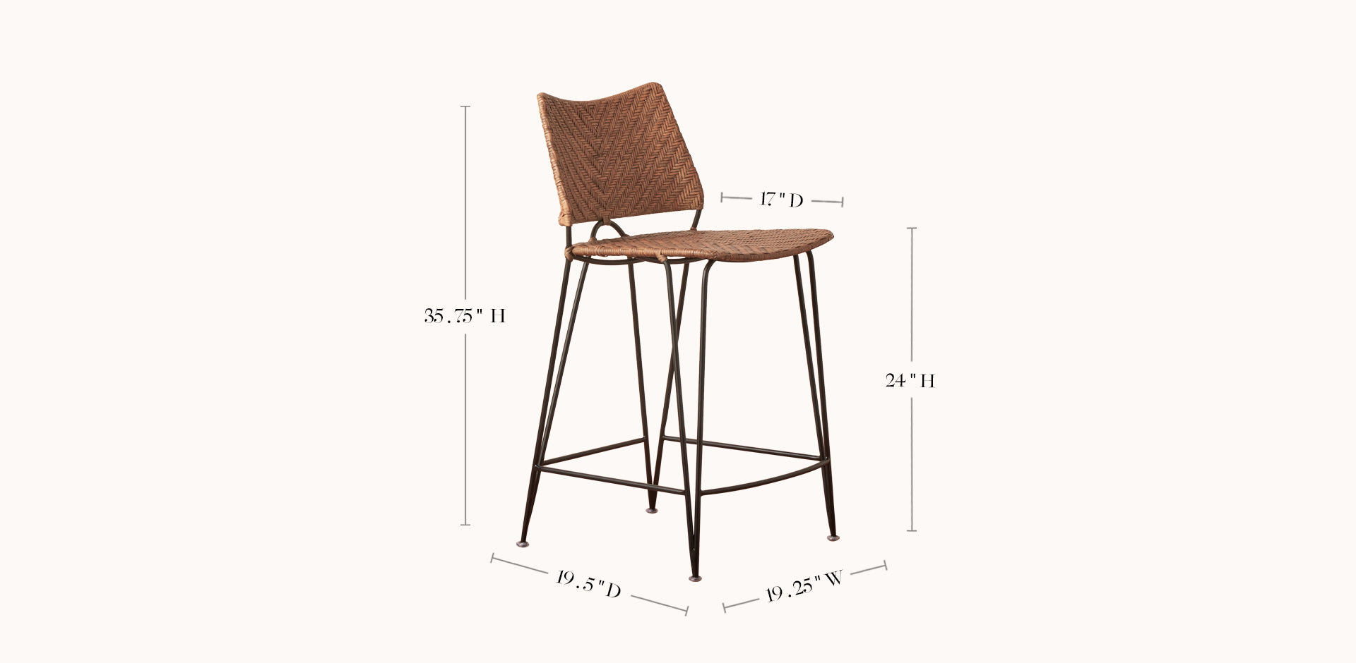 Wicker bar stool with dimensions on a white background