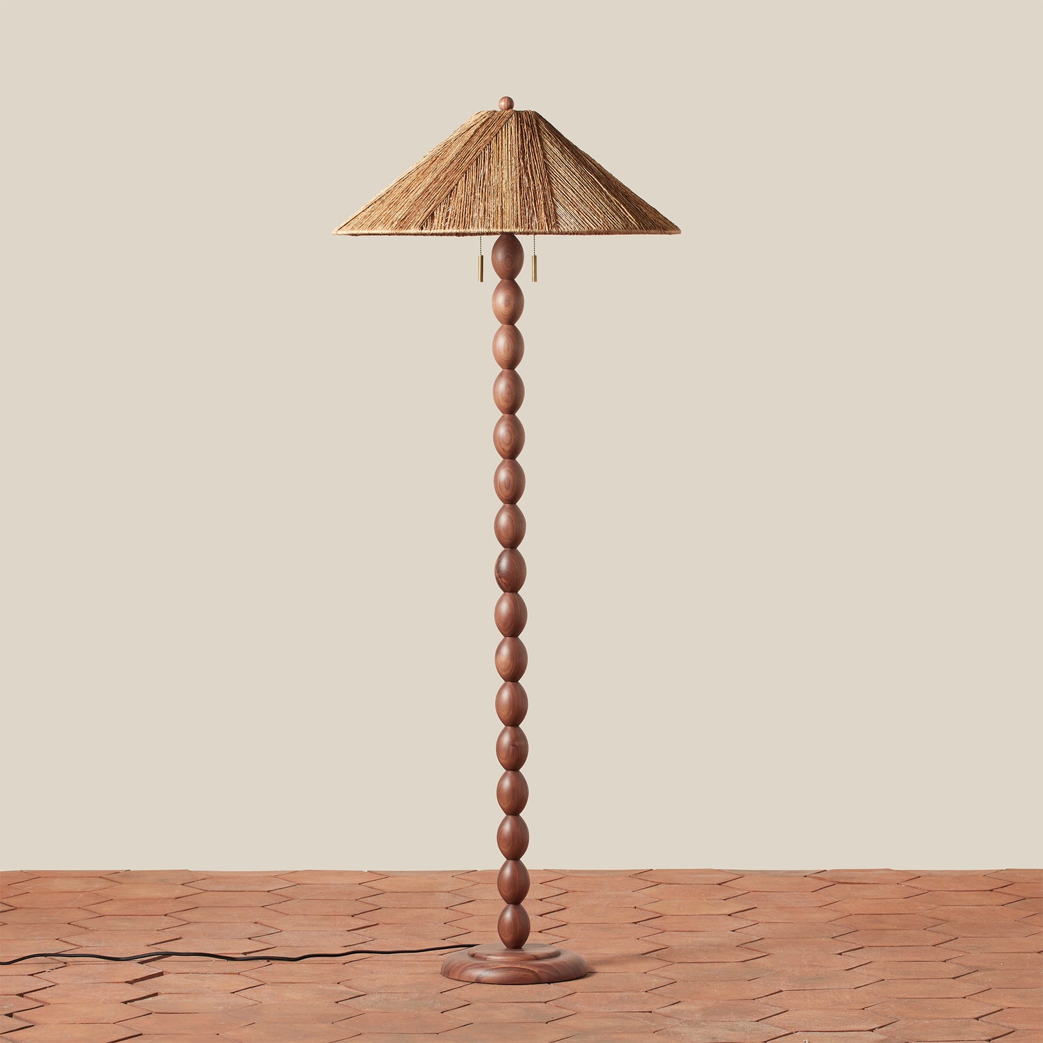 jute and wood floor lamp on tiled floor- Number 1