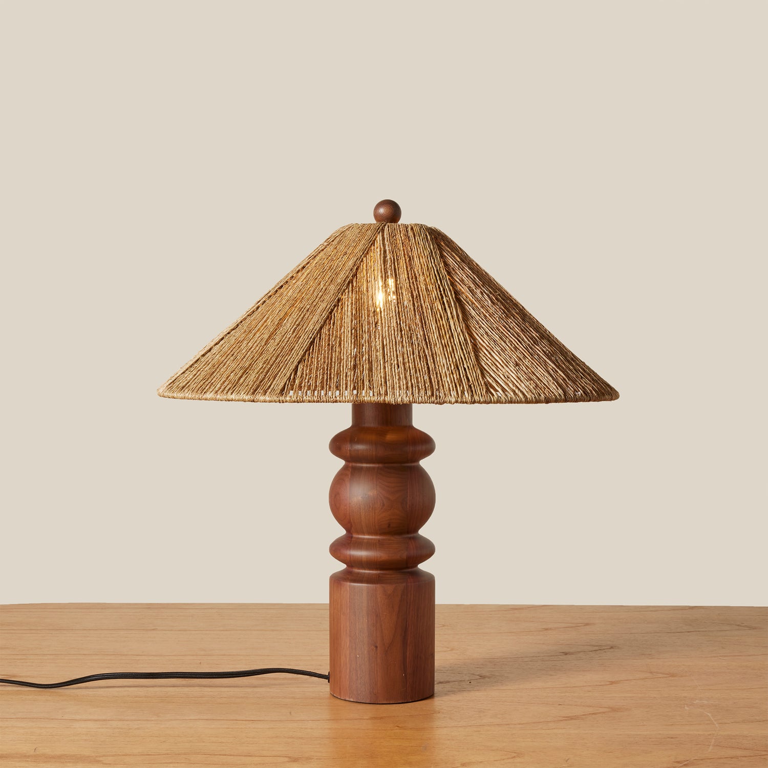 wood and jute table lamp with light on- Number 4