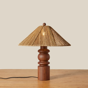 wood and jute table lamp with light on - Number 4