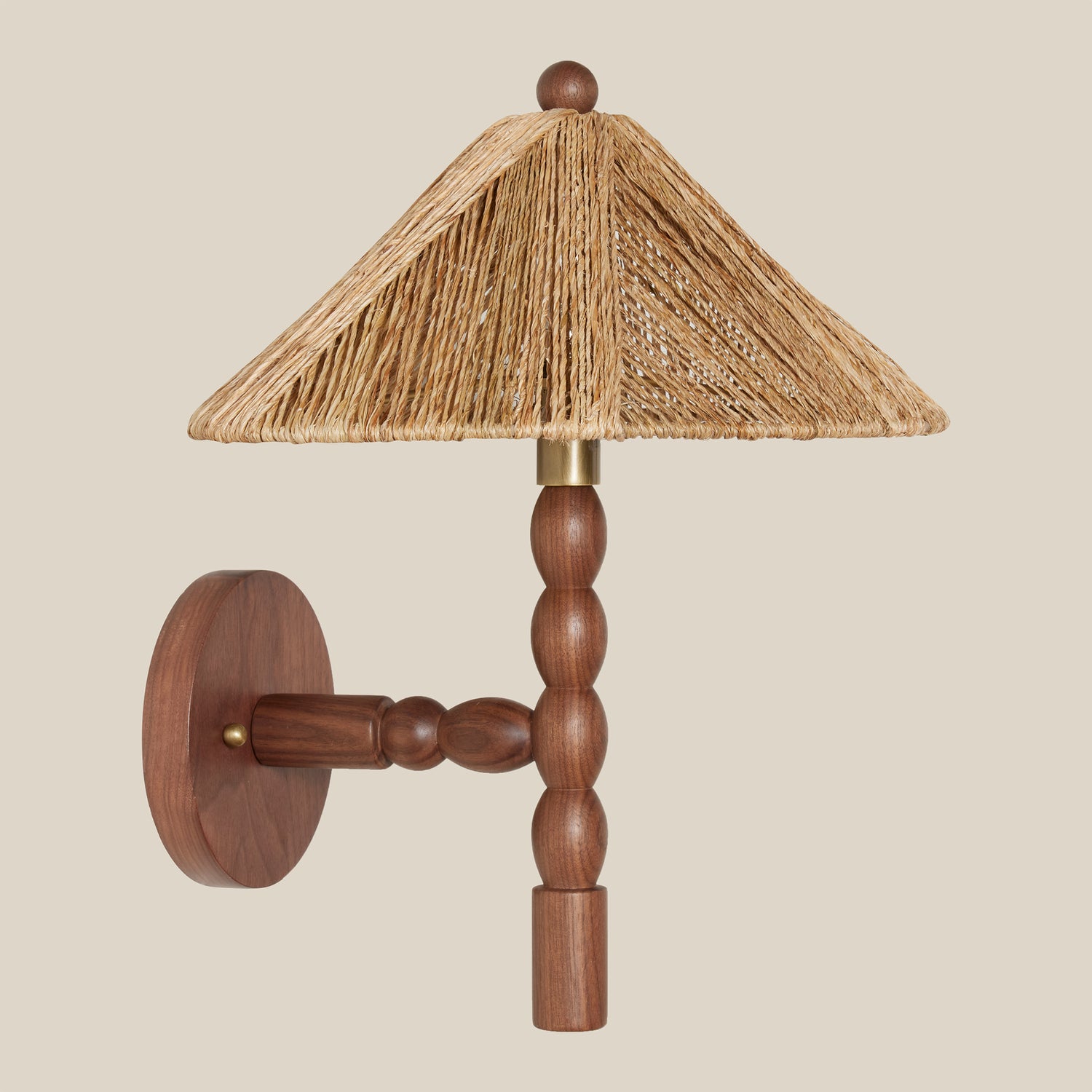 side angle of wood sconce with rattan shade- Number 5