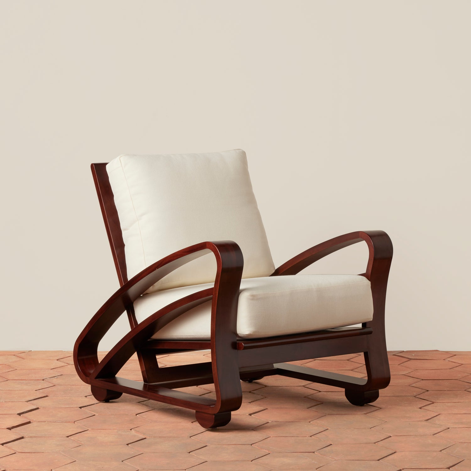 lounge chair with brown arms and white cushions- Number 1