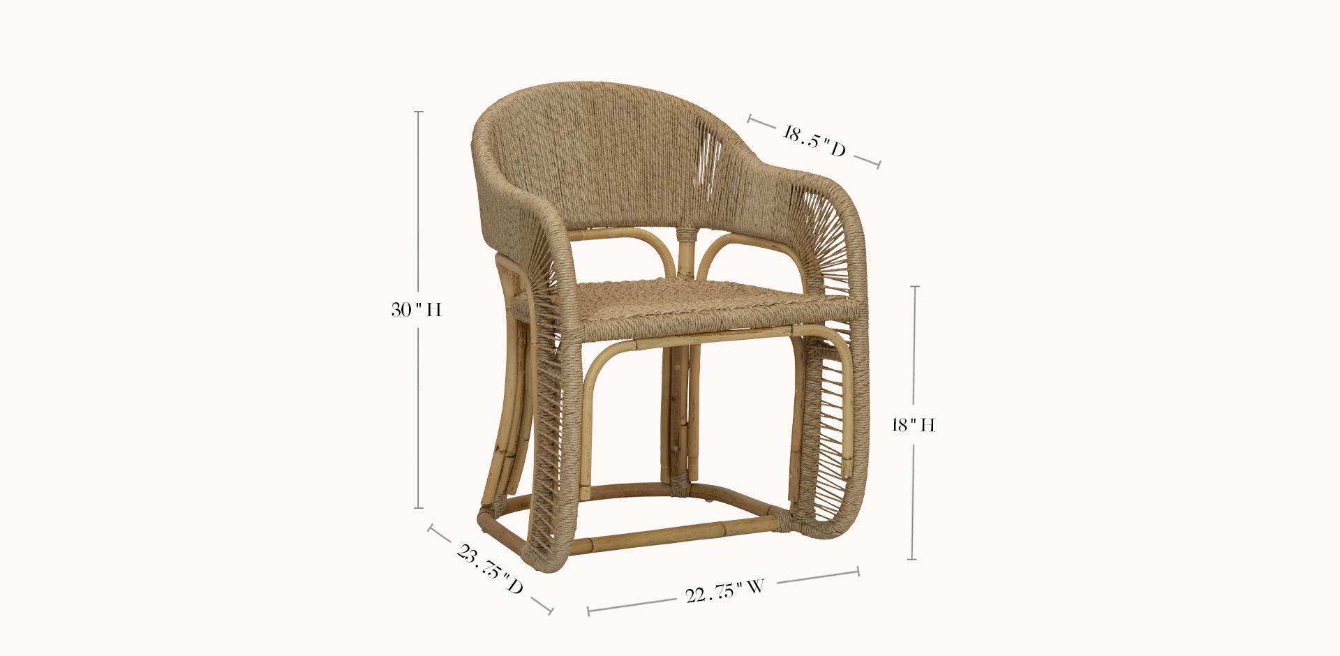 Wicker chair with dimensions labeled on a white background