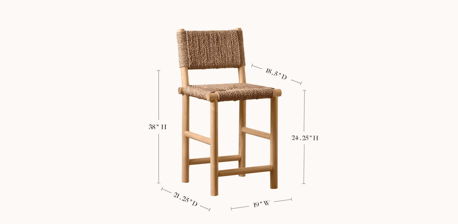 Woven bar stool with dimensions on a white background