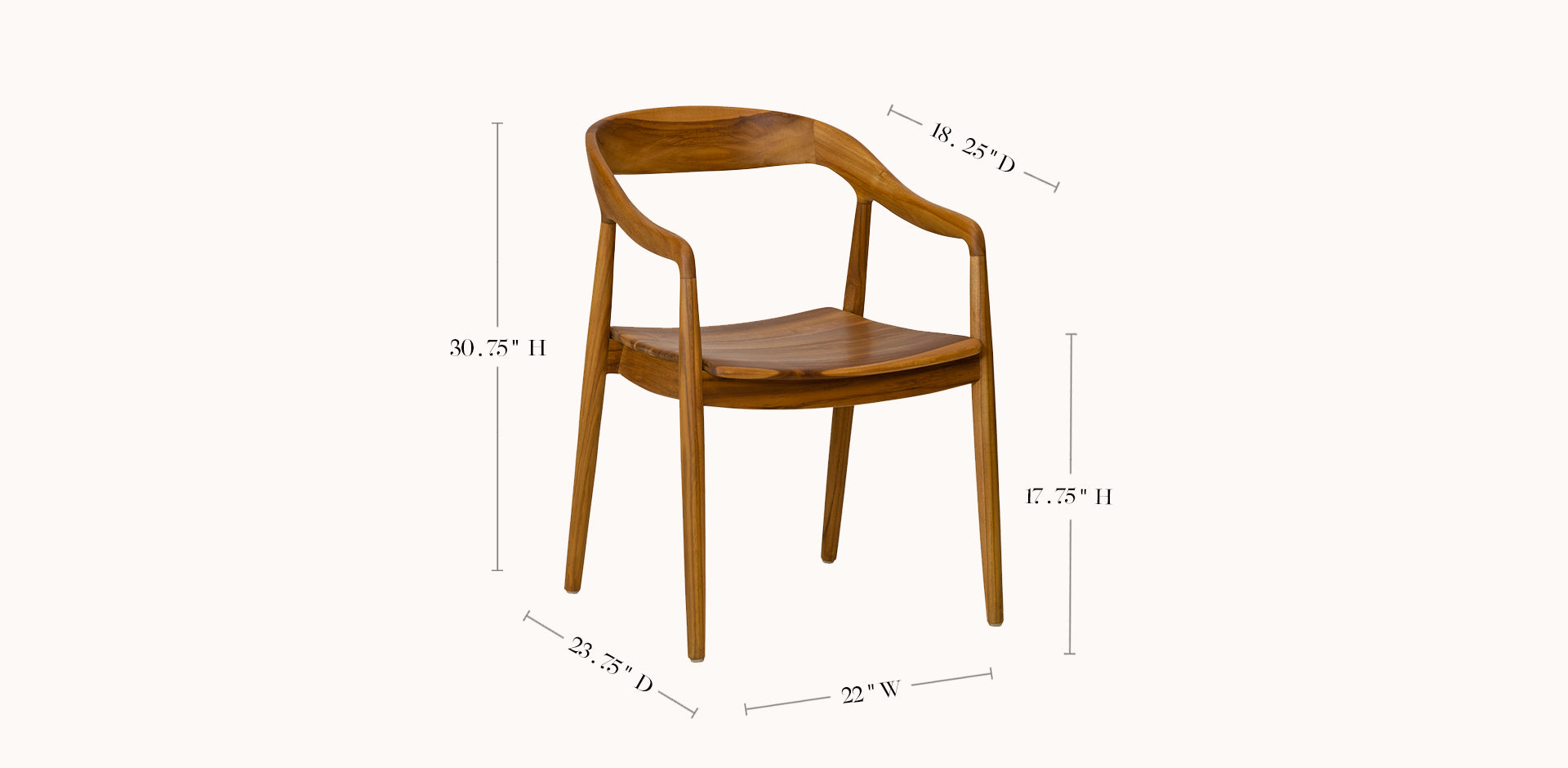 Wooden chair with dimensions labeled on a white background