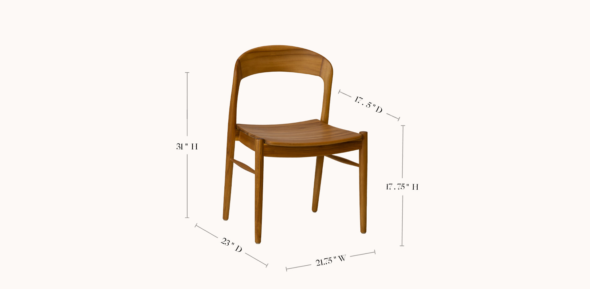 Wooden chair with dimensions labeled on a white background