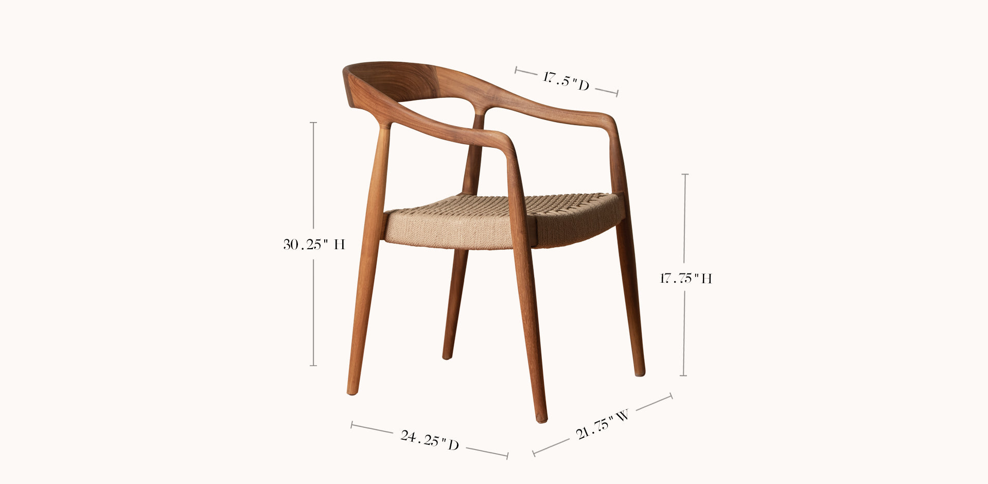 Wooden chair with dimensions labeled on a white background