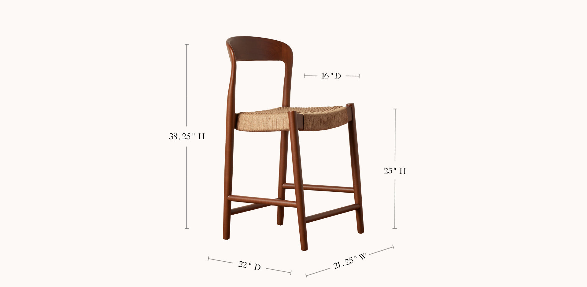 Wooden bar stool with dimensions labeled on a white background