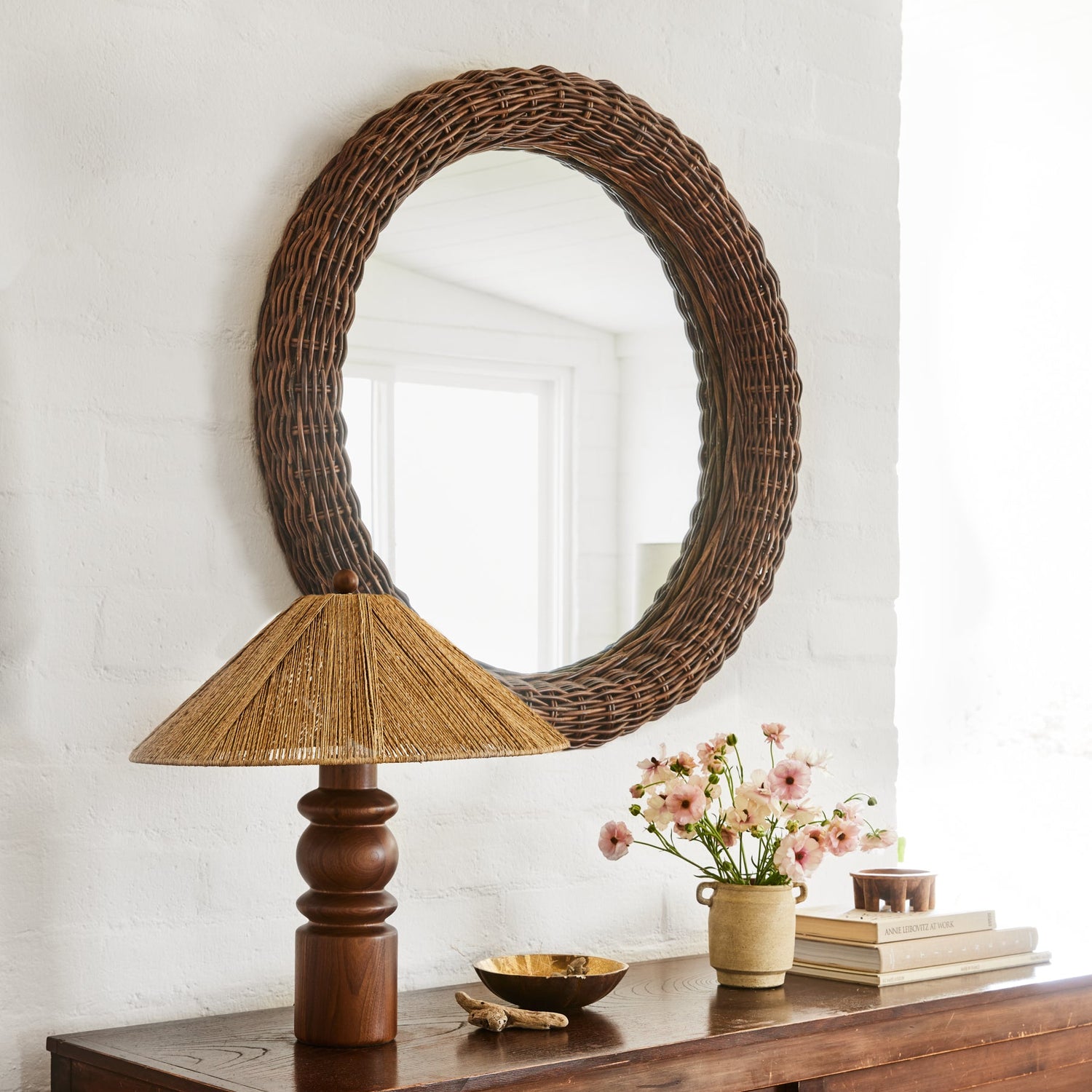 round mirror with table lamp and flowers- Number 2