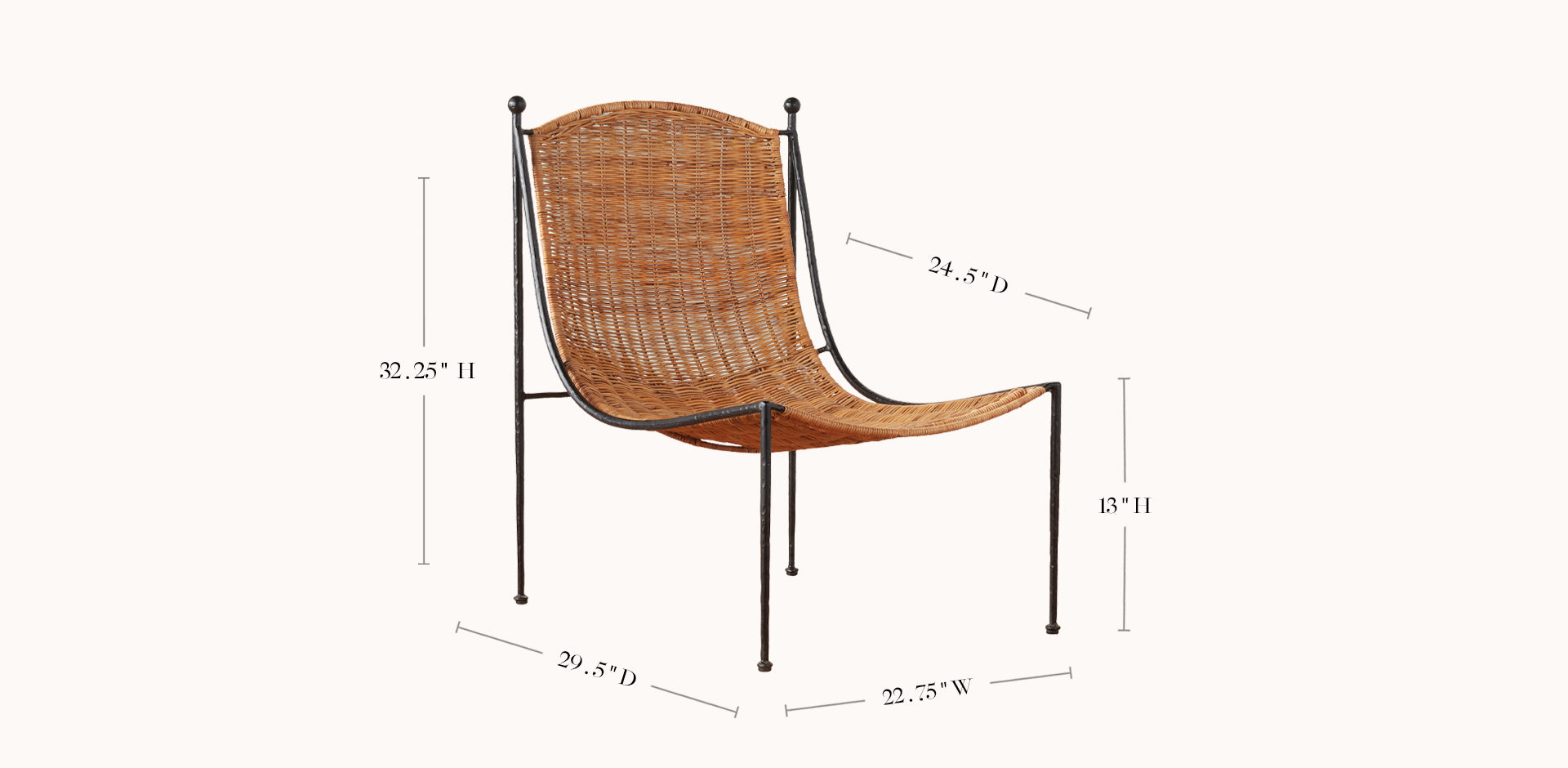 Wicker chair with dimensions on a white background