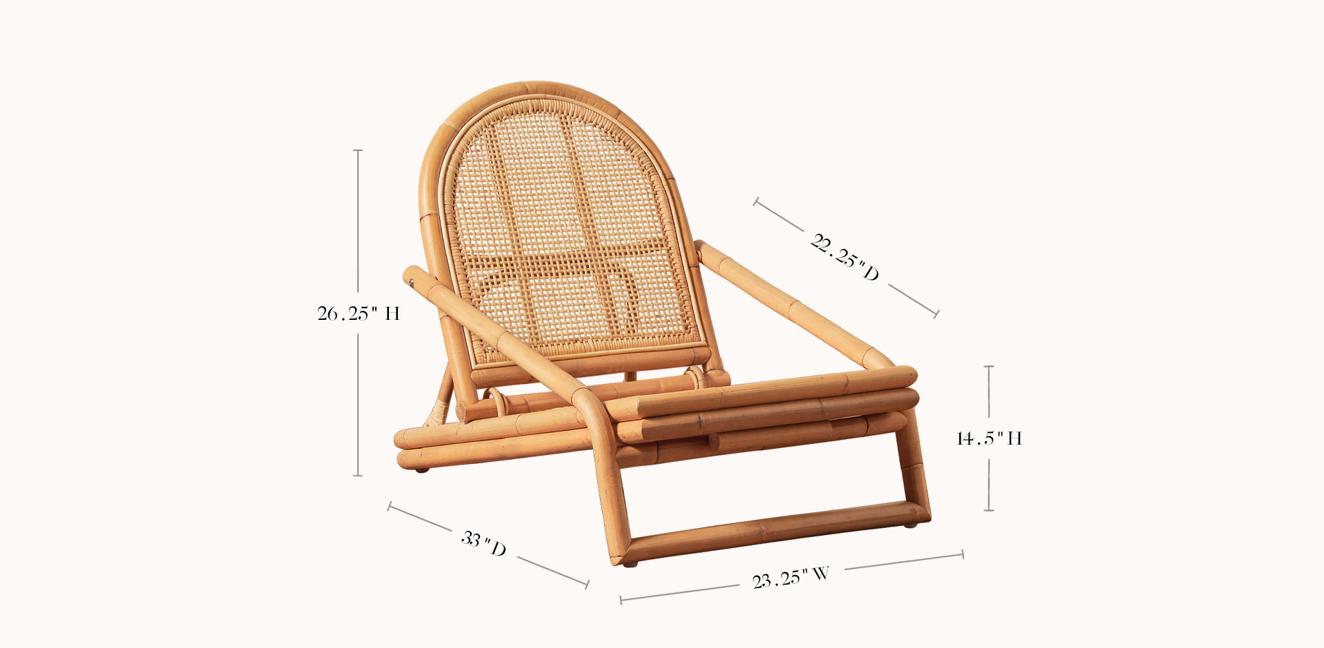 Wicker chair with dimensions on a white background