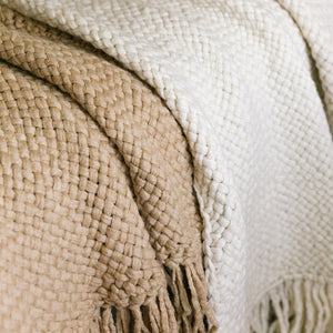 Close-up of beige and white textured fabric with fringes - Number 2