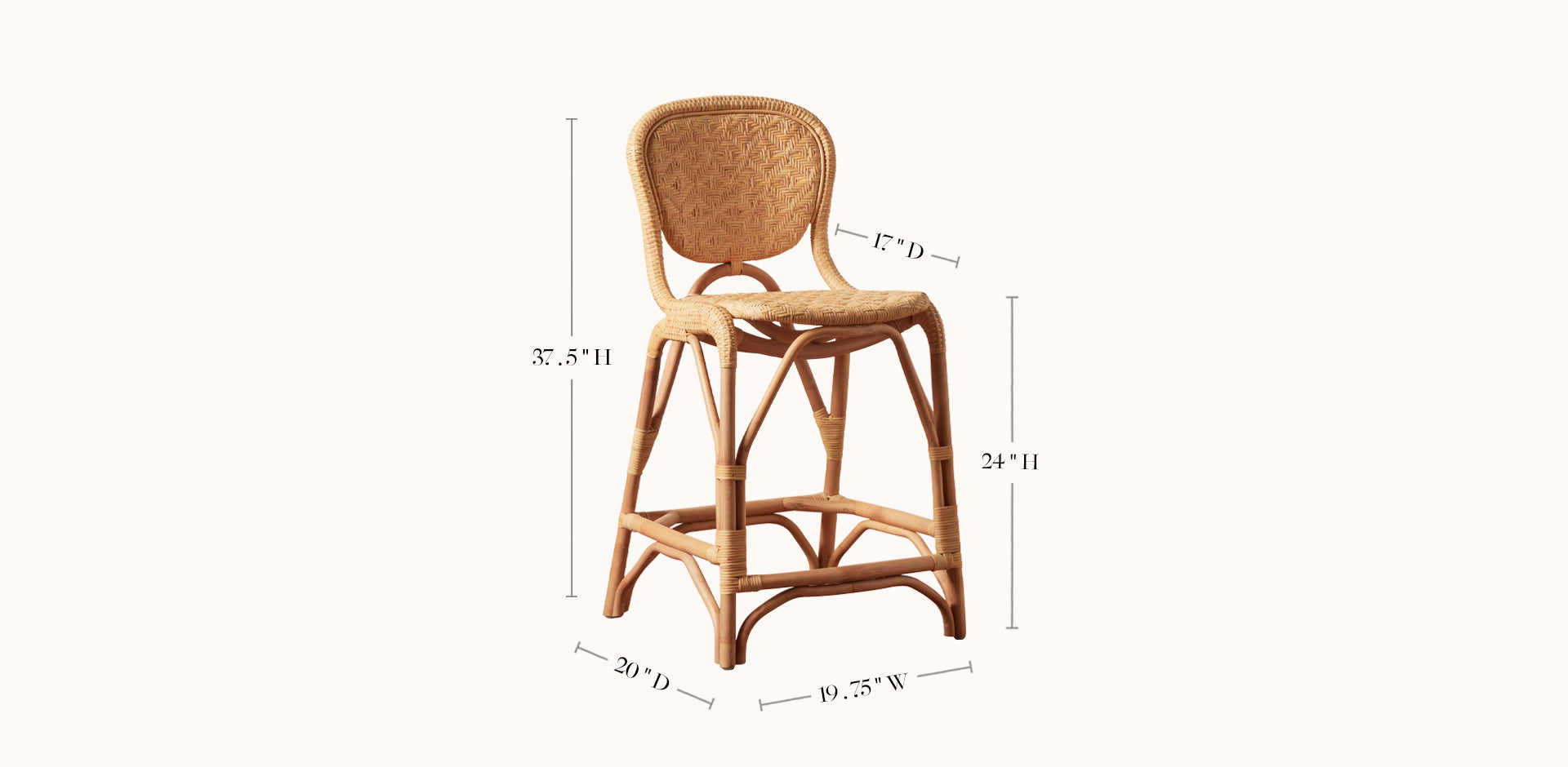 Wicker bar stool with dimensions on a white background