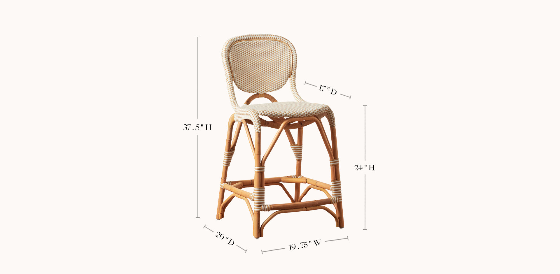 Rattan bar stool with dimensions on a white background