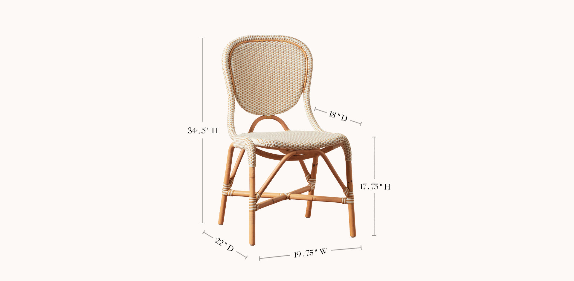Wicker chair with dimensions labeled on a white background
