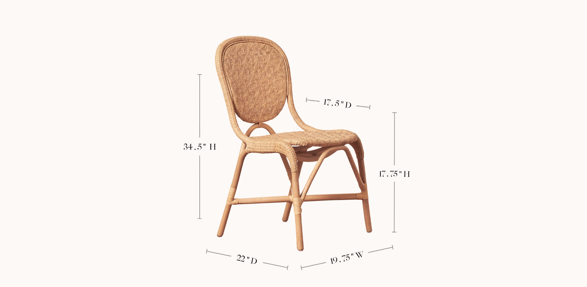 Wooden chair with dimensions labeled on a white background