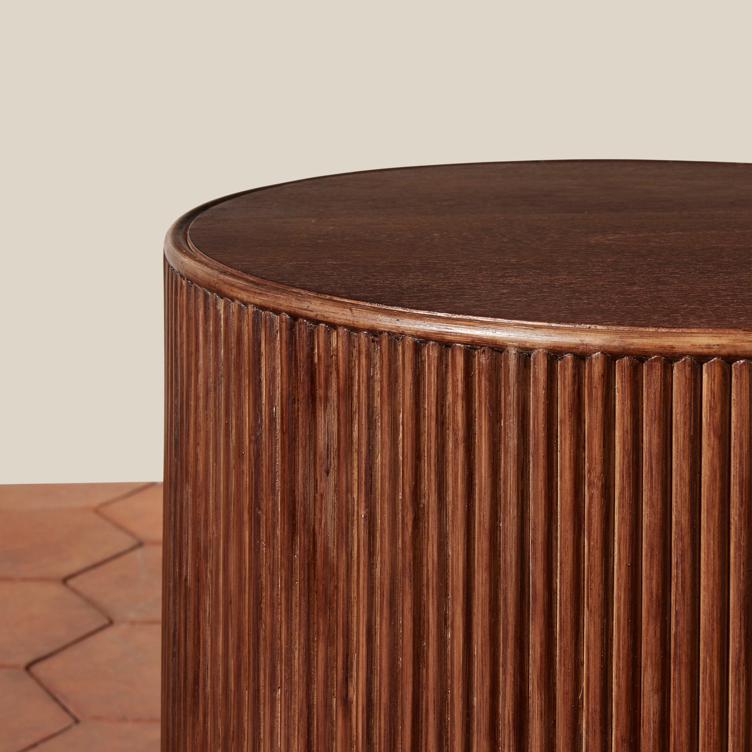 Wooden side table with a textured surface on a neutral background- Number 5