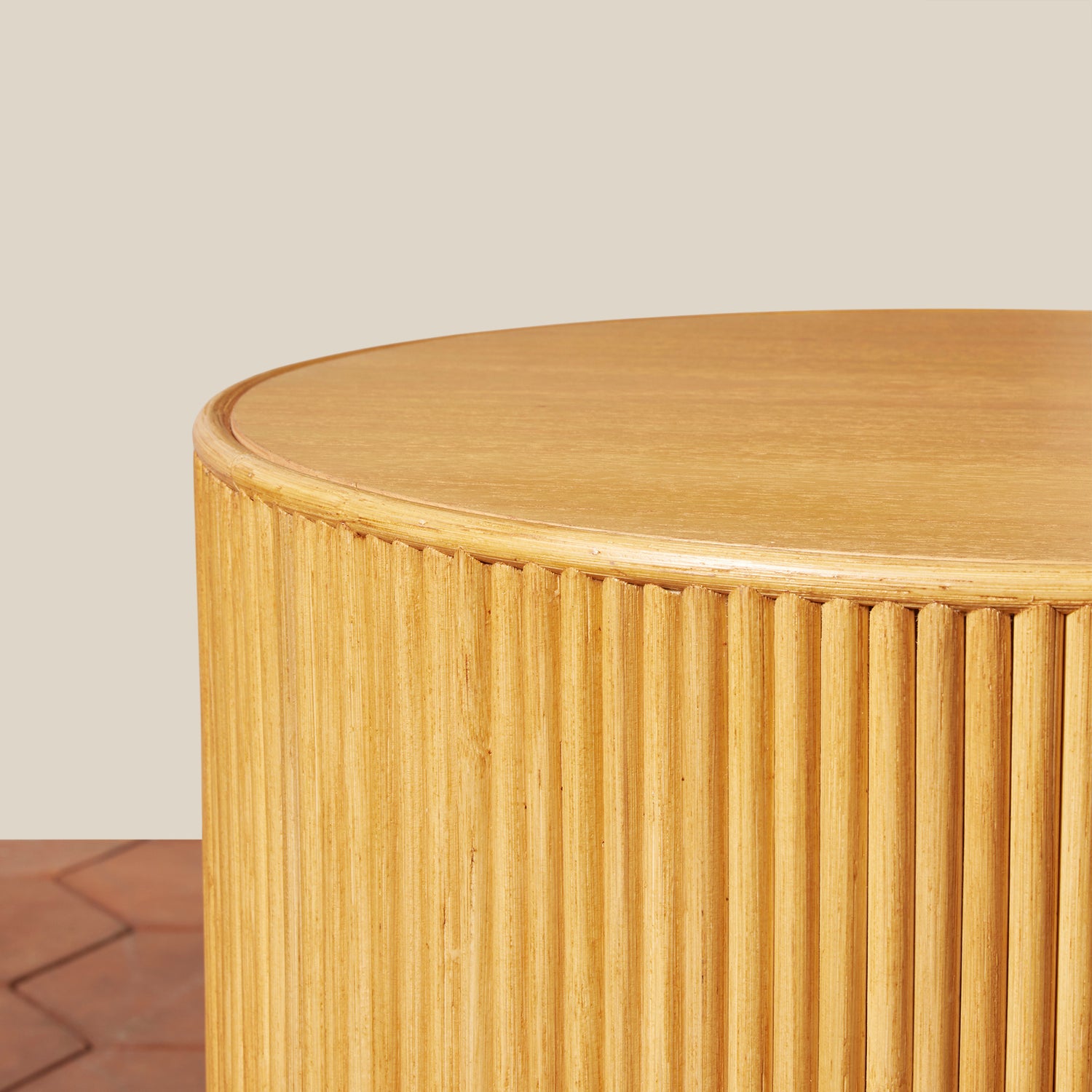 Wooden side table with a ribbed texture on a neutral background- Number 10