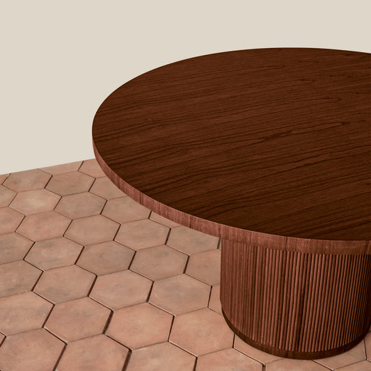 Wooden round table on a hexagonal tiled floor with a neutral background - Image 2