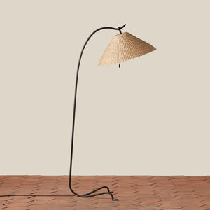 floor lamp with black rod and seagrass shade - Number 1