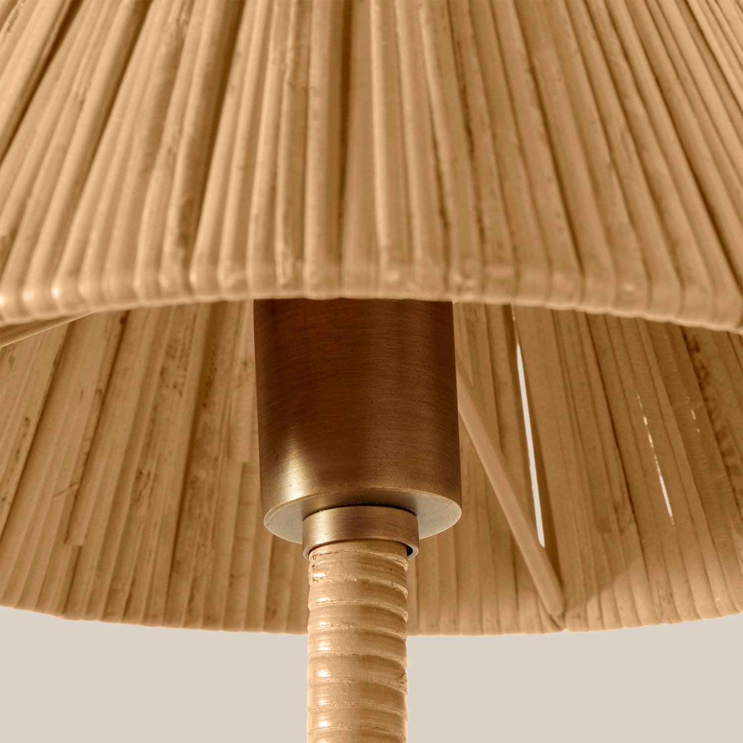Close-up of a wooden lamp with a ribbed shade on a light gray background- Number 5