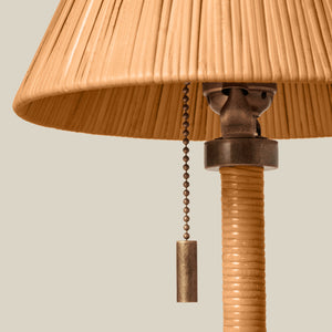 Small rattan table lamp with brass accents on wooden table against beige background - Number 5