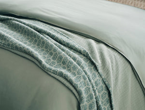 Textured green blanket draped over a bed with a neutral background - Number 5
