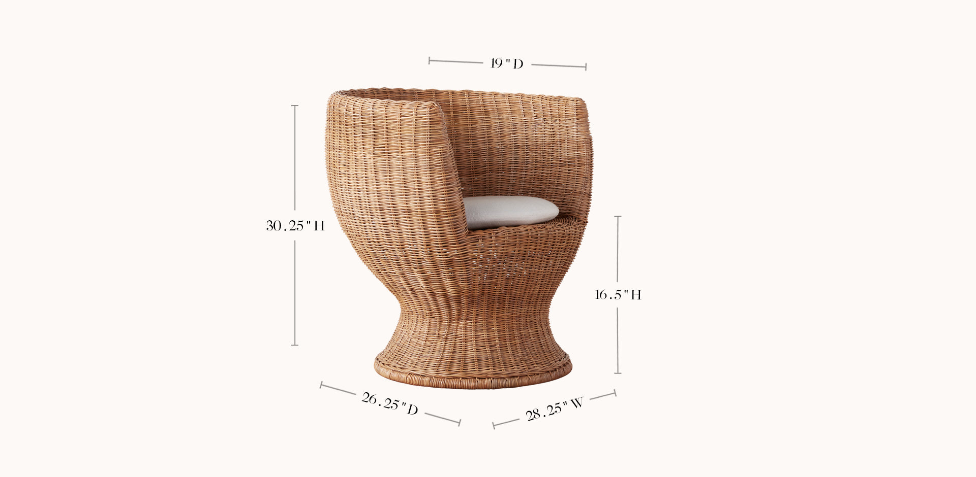 Wicker chair with dimensions labeled on a white background