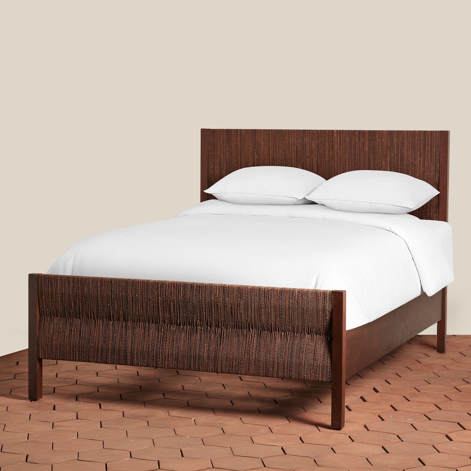 Wooden bed frame with white bedding on a beige background- Number 7