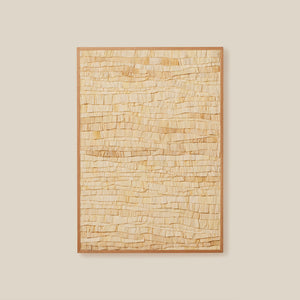 Textured wall art piece with a wooden frame on a beige wall - Number 1