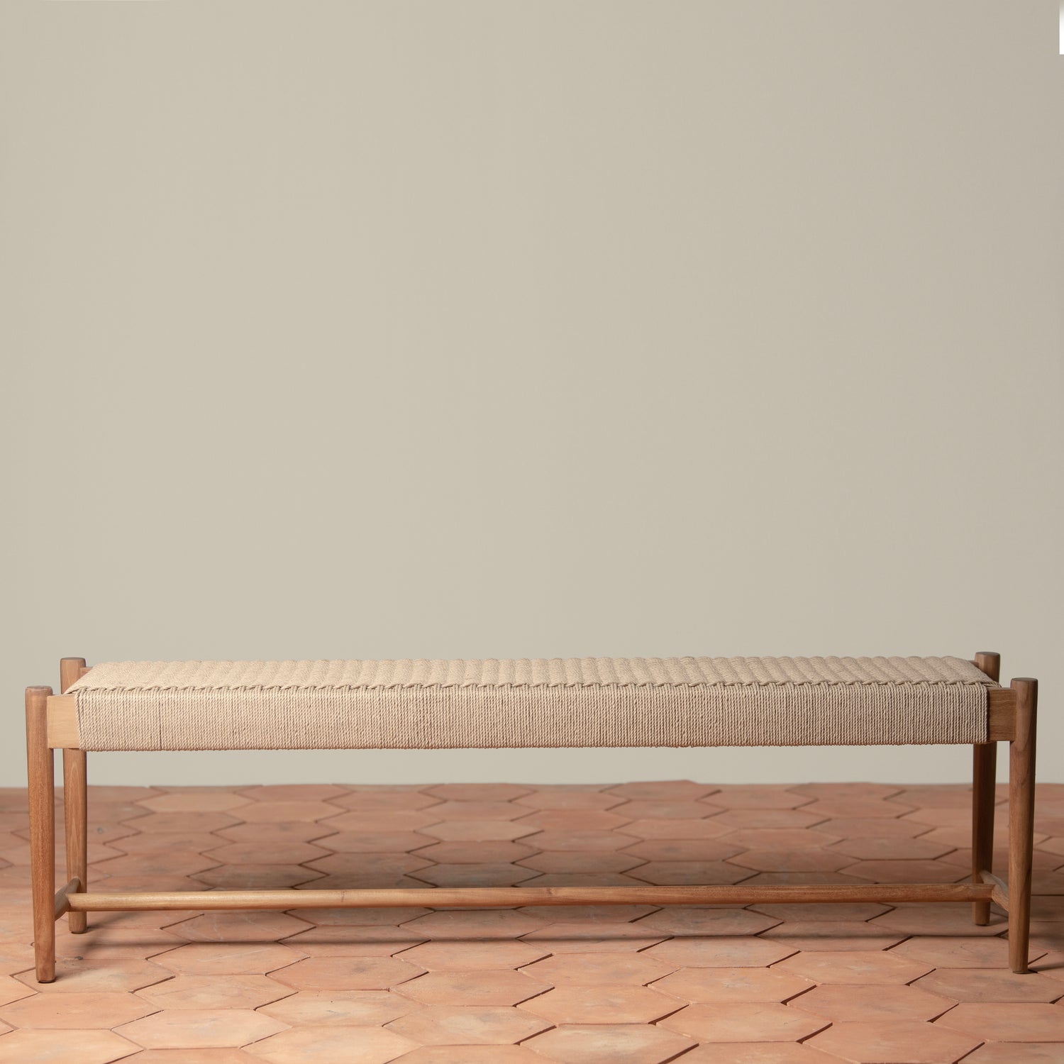 ingrid woven bench in teak front
