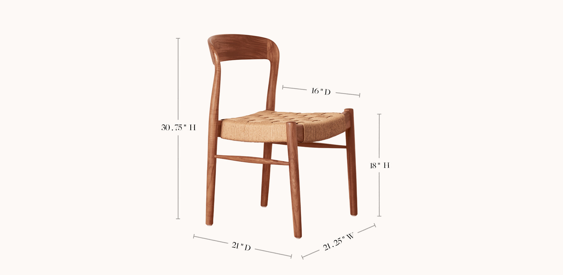 Wooden chair with dimensions labeled on a white background
