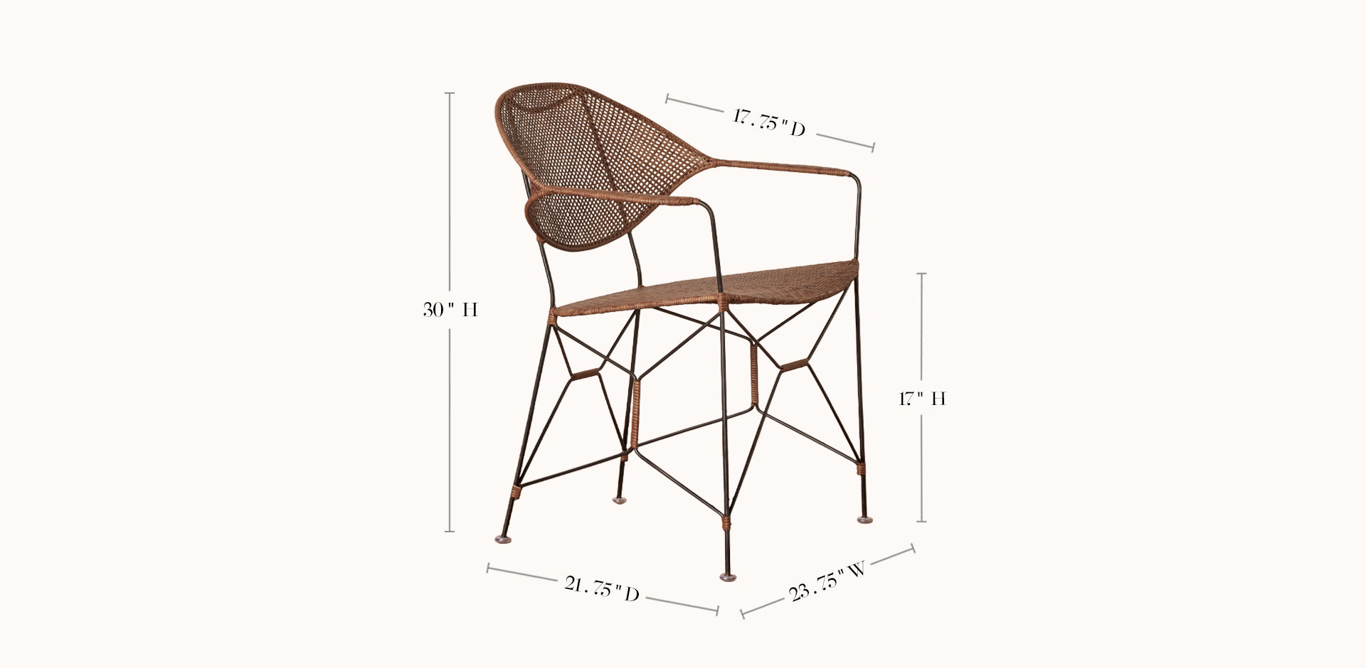 Brown metal chair with dimensions labeled on a white background