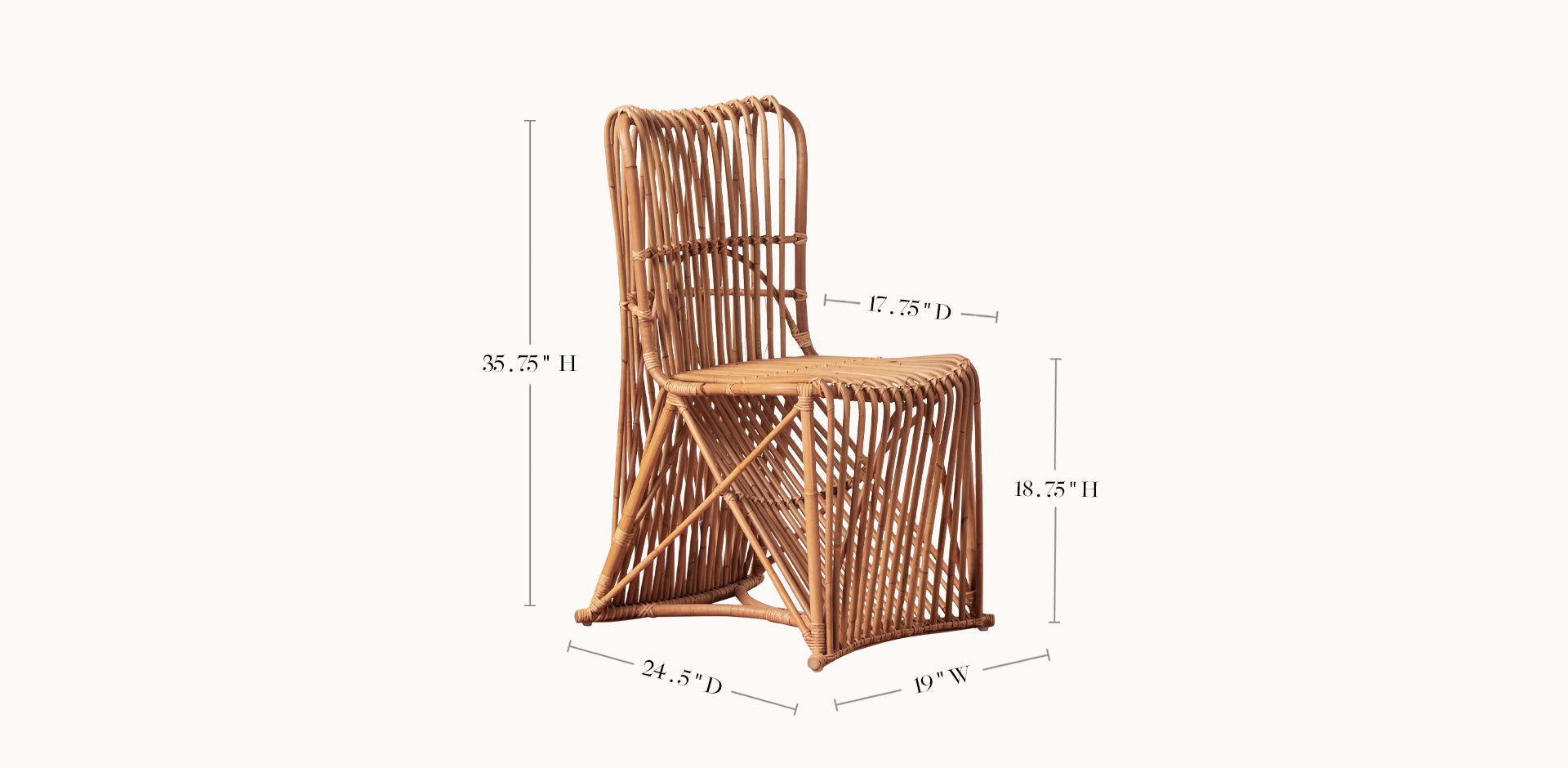Rattan chair with dimensions labeled on a white background