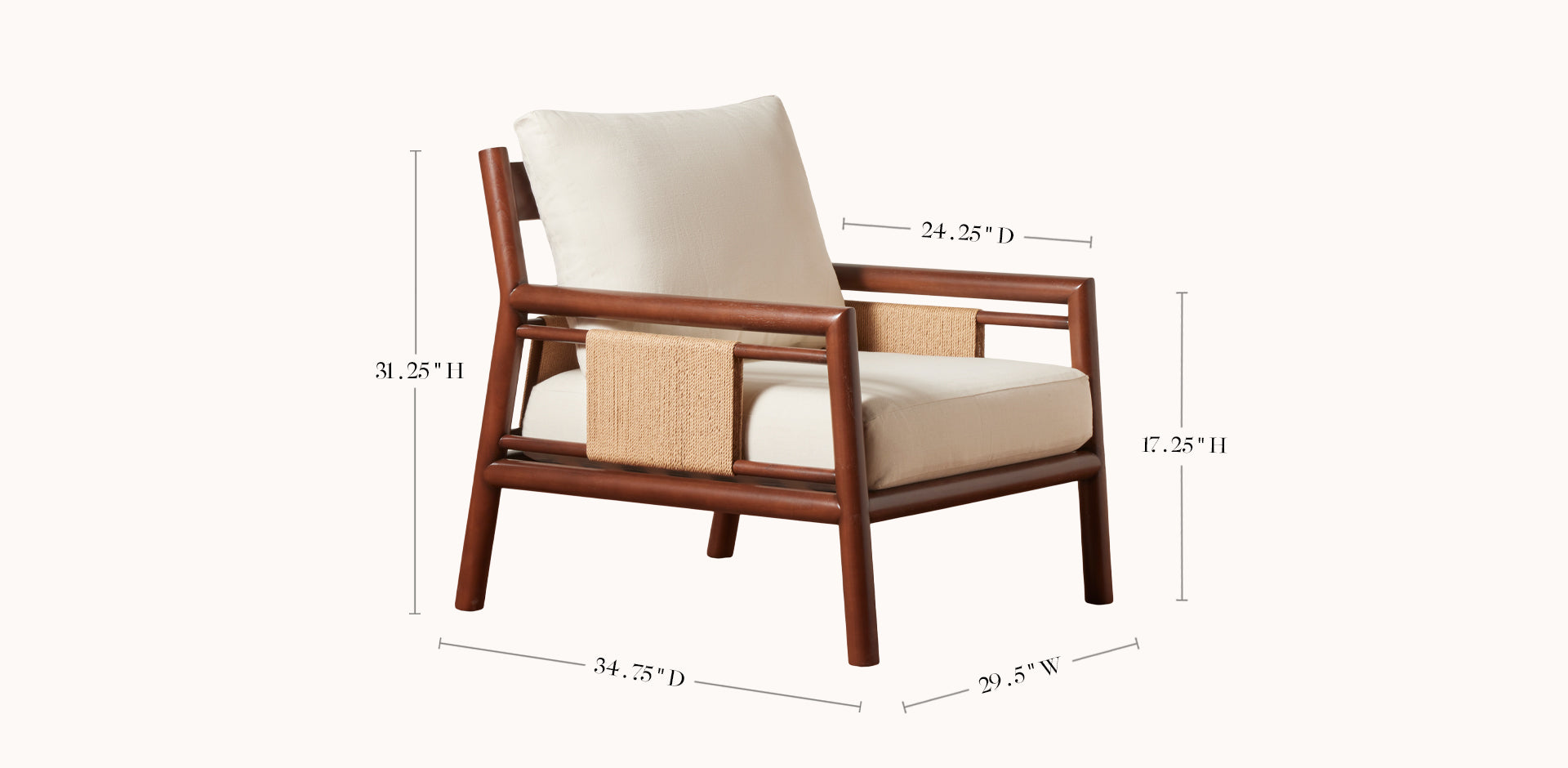 Wooden armchair with beige cushion and dimensions on a white background