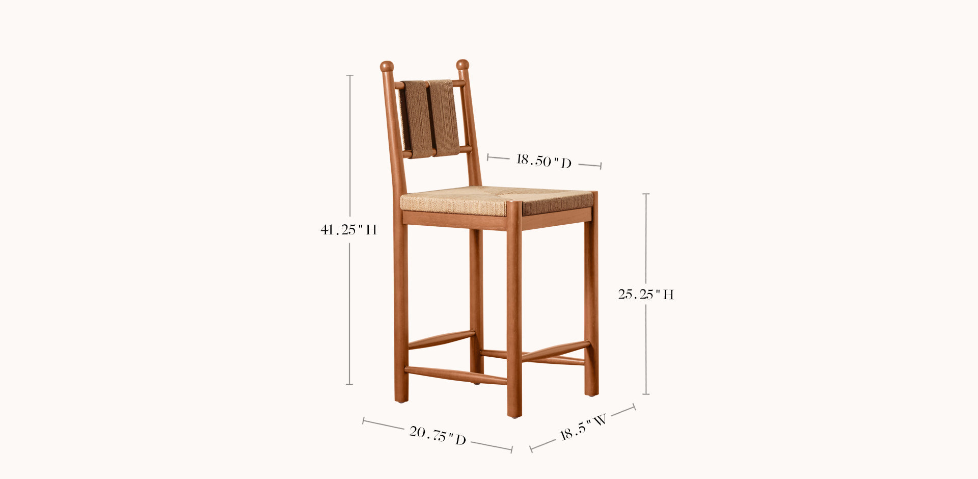 Wooden chair with dimensions labeled on a white background
