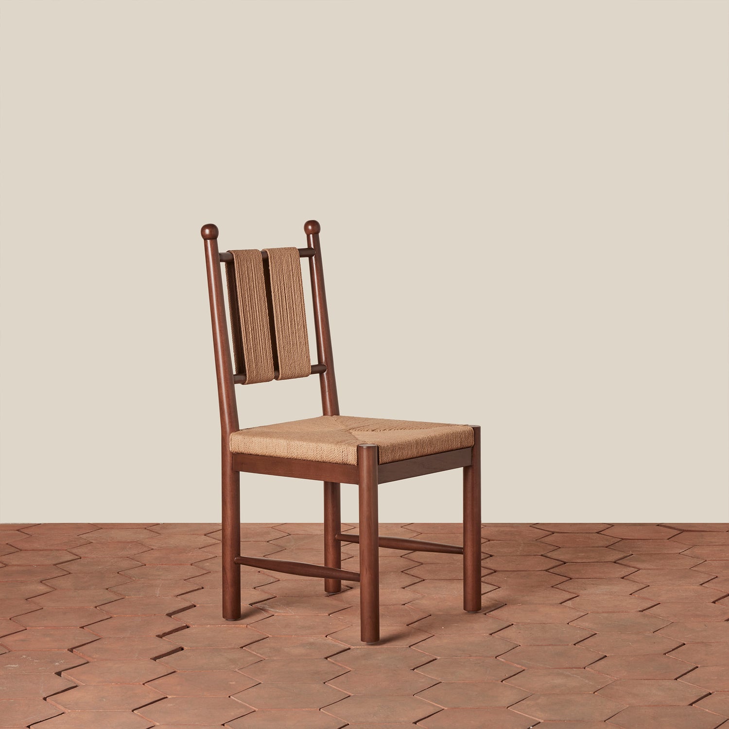 Wooden chair with woven backrest on a beige background- Number 1