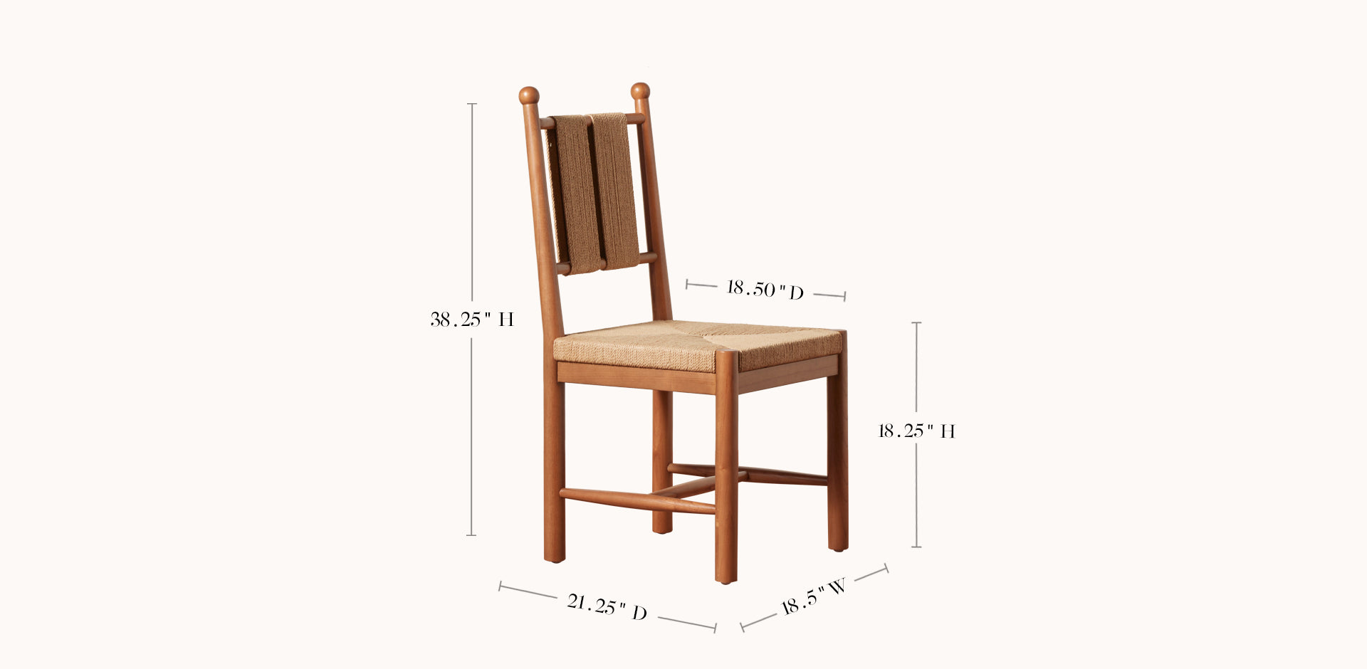 Wooden chair with dimensions labeled on a white background