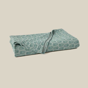 A folded blanket with a textured, abstract pattern in sage green and white, set against a solid beige background. - Number 1