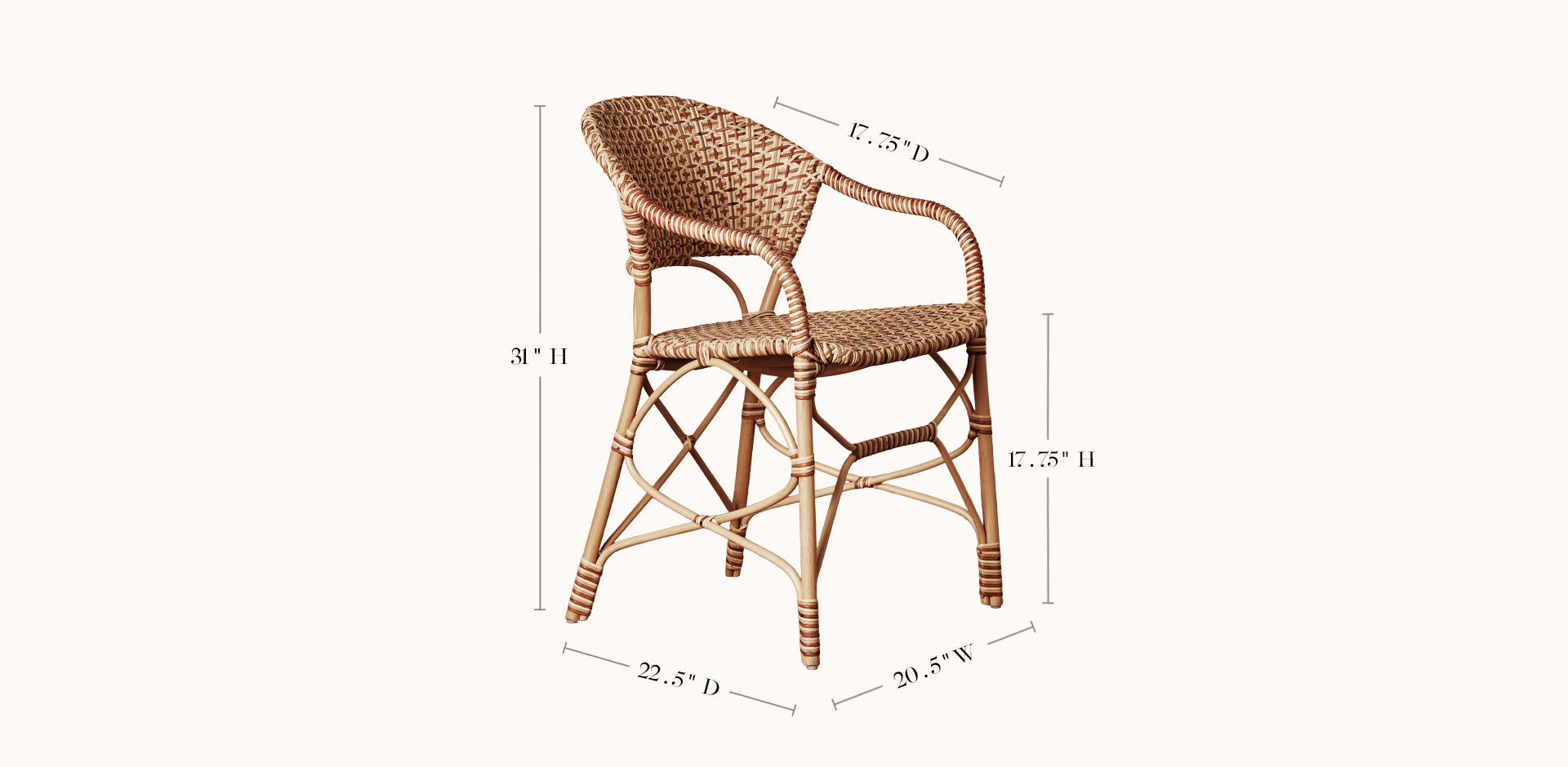 Wicker chair with dimensions labeled on a white background
