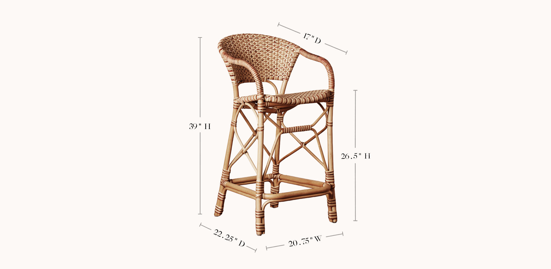 Wicker bar stool with dimensions on a white background
