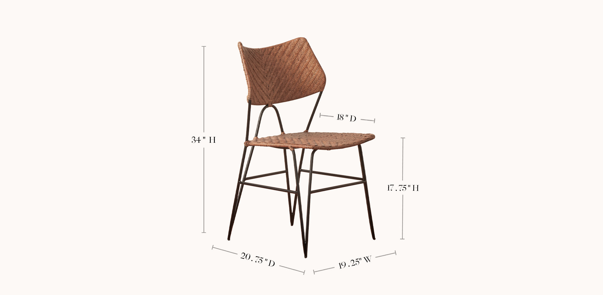 Wooden chair with dimensions labeled on a white background