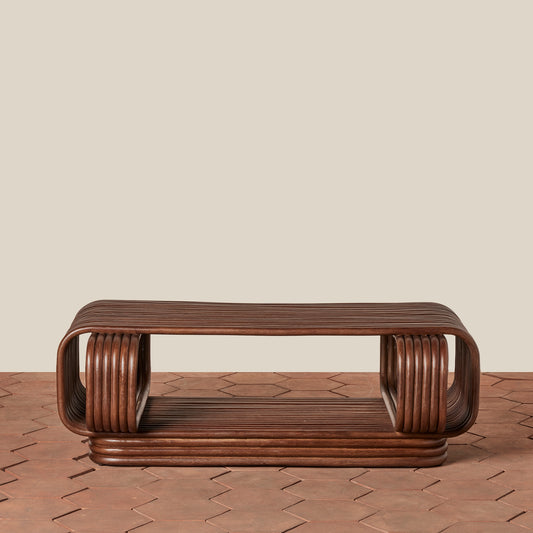 Wooden coffee table with a geometric design on a wooden floor. - Image 2
