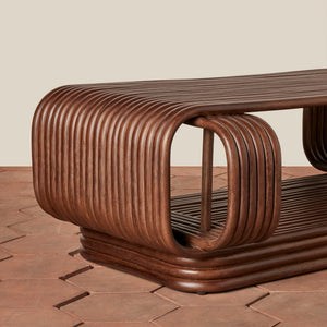 Wooden bench with curved design on a tiled floor - Number 3