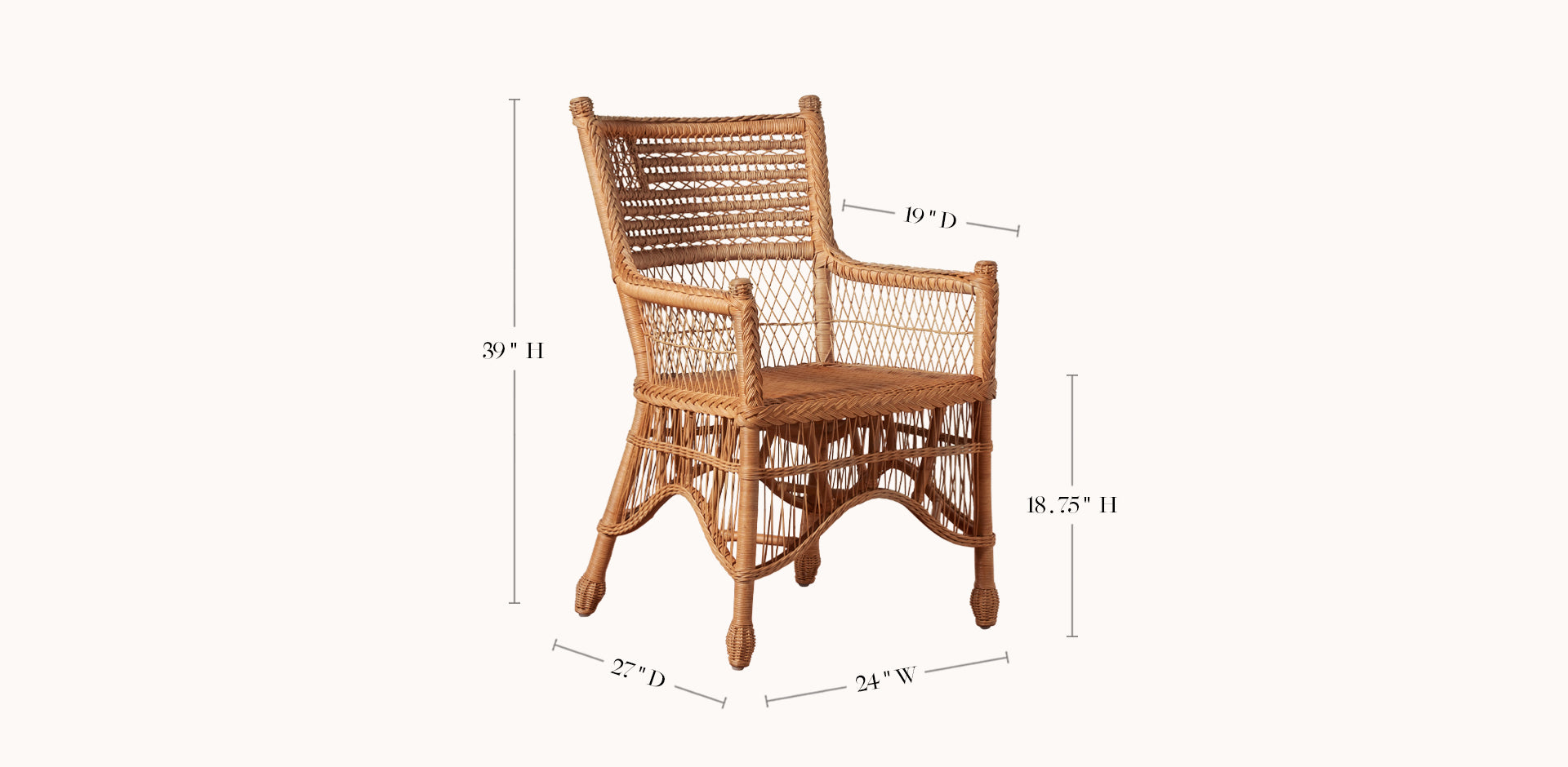 Wicker chair with dimensions on a white background
