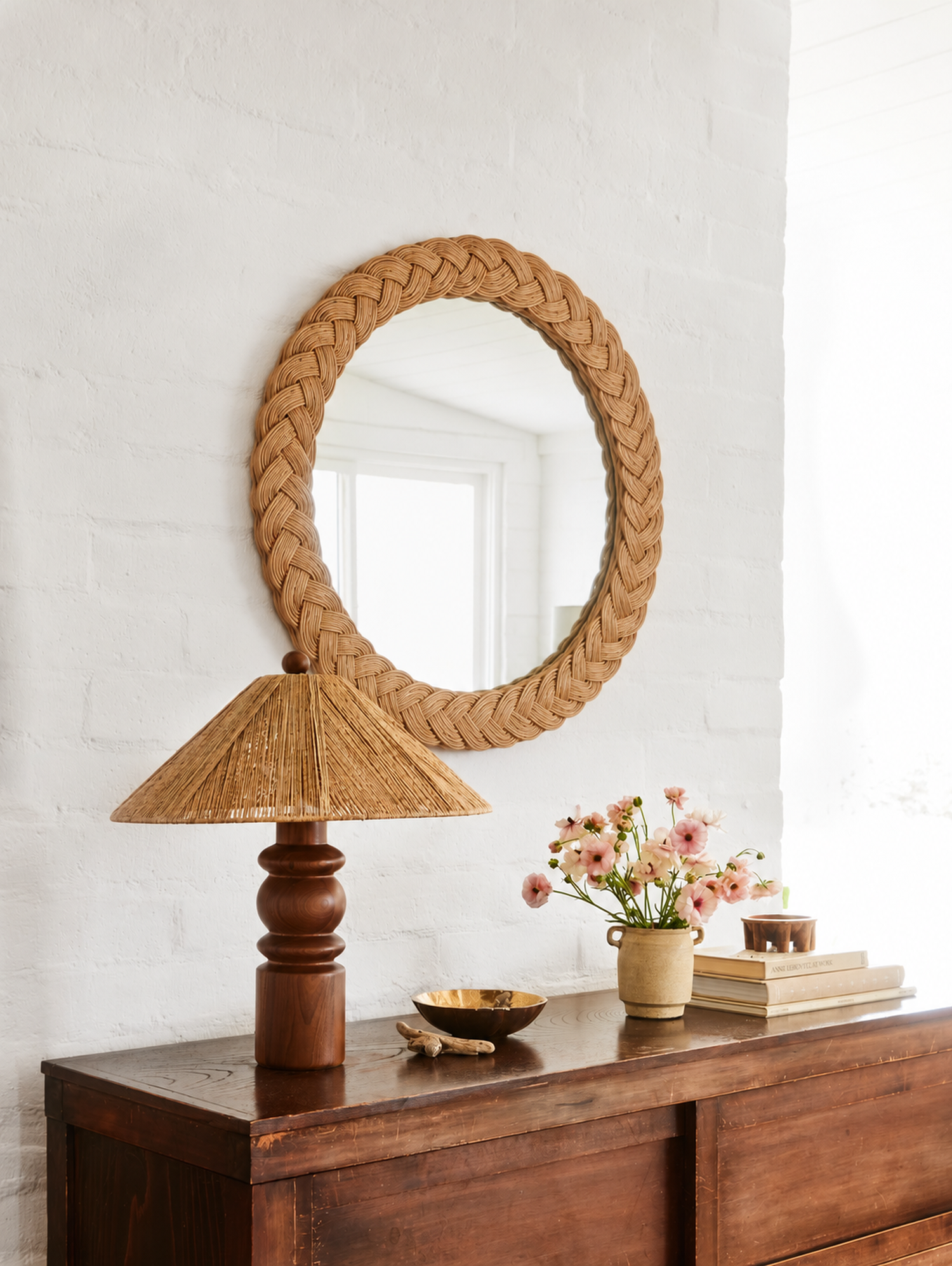 Round mirror with braided rattan frame in a room over a dresser with a lamp, flowers and books.- Number 2