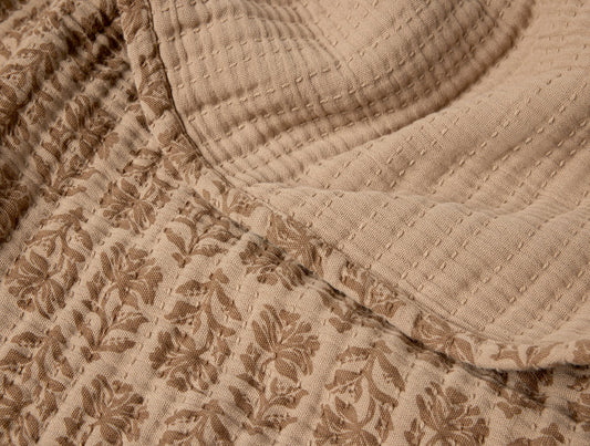Close-up of a beige quilt with floral patterns - Image 2