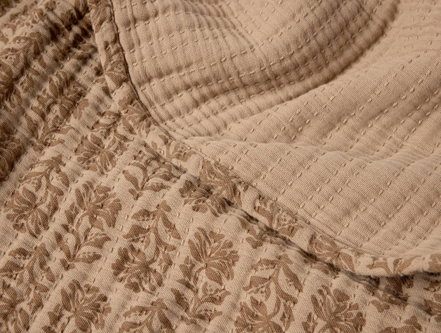 Close-up of a beige quilt with floral patterns- Number 2